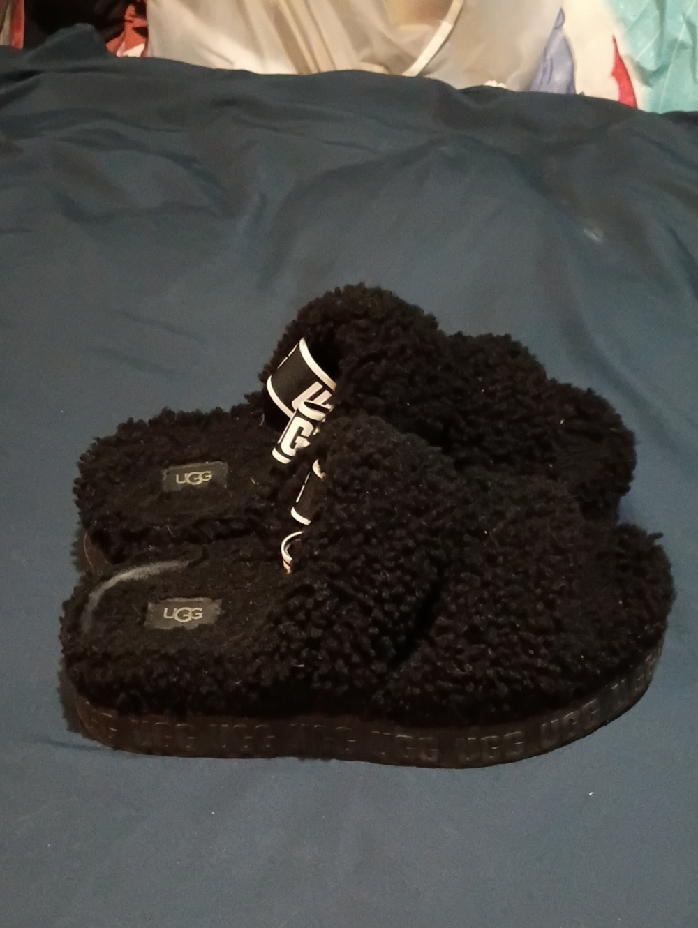 UGG Black Fuzzy Shearling Slide Mules